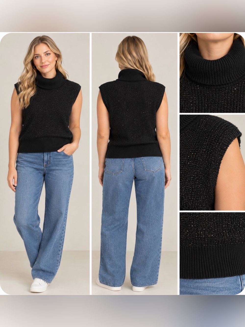 Michael Kors Black Sequin Cowl Neck Sweater Vest NWT Medium Metallic Knit